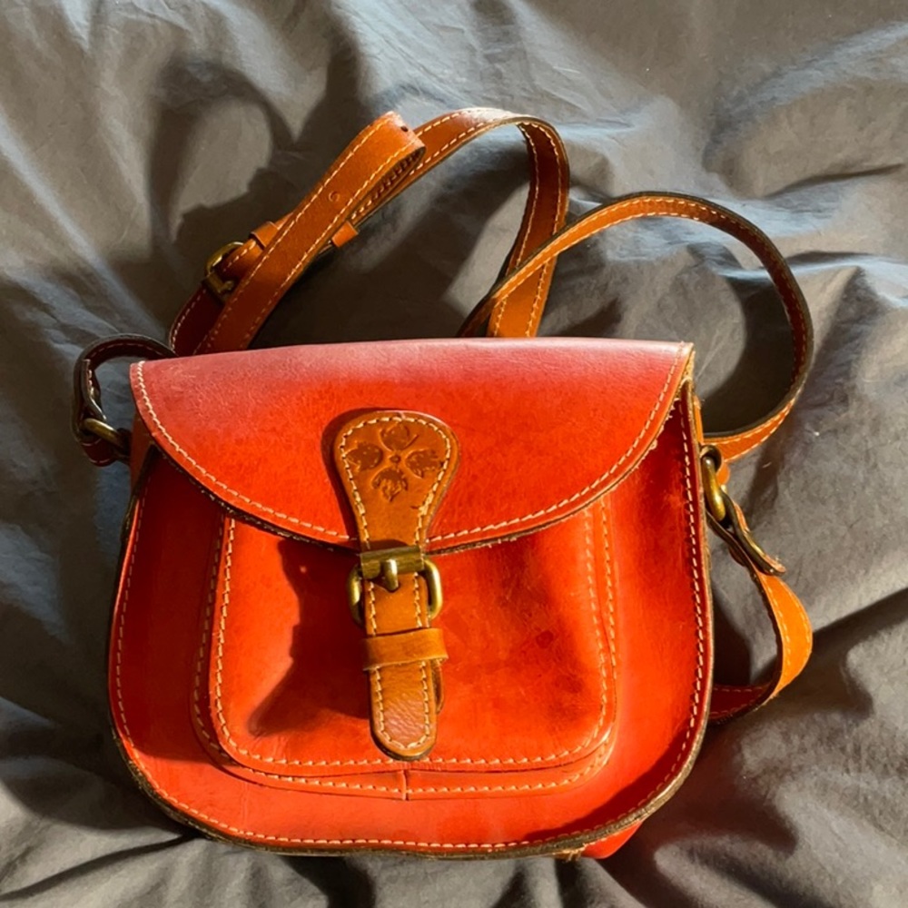 Patricia Nash Red and Tan Crossbody Bag with Vintage Brass Buckle
